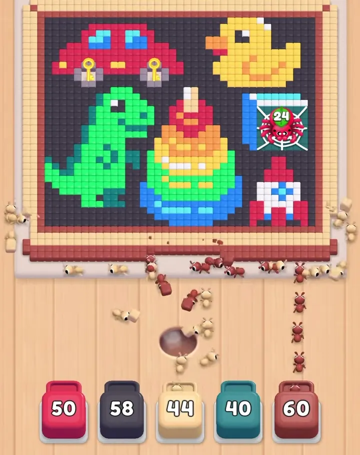 Уровень 908 Food Hunt: Детские игрушки на черной доске: красная машинка